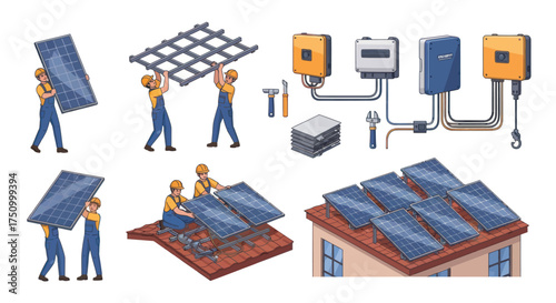 Solar Panel Installation Process with Workers and Equipment.
