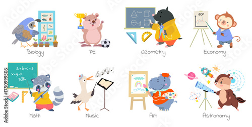 Funny animals teachers. Different lesson teacher, astronomy, biology, geometry, math. Raccoon, hippo, sparrow monkey characters, nowaday vector set