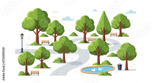 Cartoon Illustration of a Lush Green Park with Trees and Path.