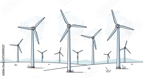 A field of wind turbines generating clean energy in a stylized drawing.
