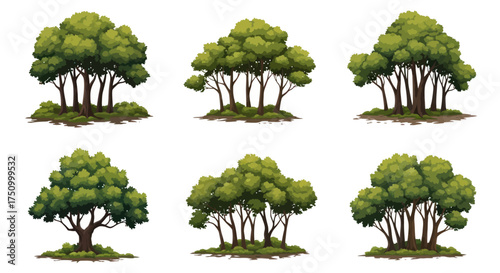 Set of Six Stylized Green Trees and Bushes Illustrations.