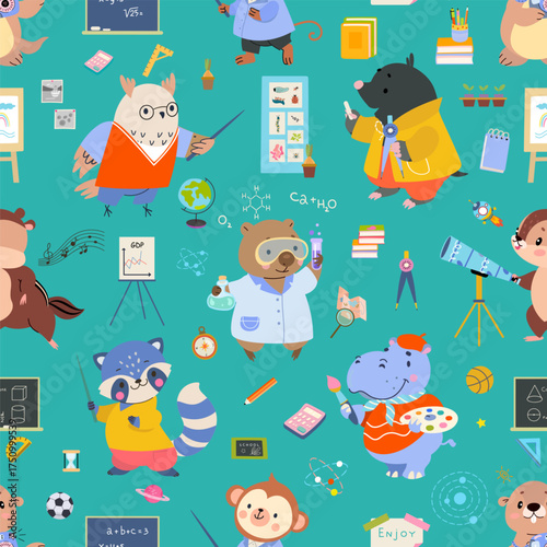 Animal teacher seamless pattern. Education elements, teachers and scientists, school or college characters. Childish print template, nowaday vector background