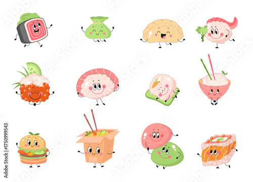 Asian food characters. Japanese chinese korean meals. Noodles in box, sushi and rolls, dumplings, rice and burger. Street food mascots, nowaday vector clipart