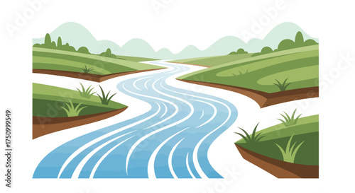 Winding River Landscape with Green Hills and Distant Mountains Serene Nature Scene.