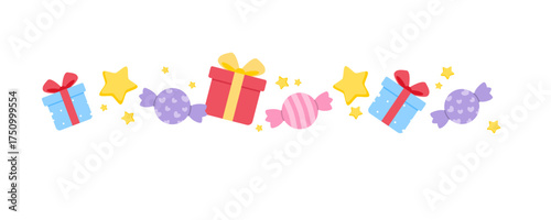 Colorful gifts and candies border cartoon with stars. Can be ised for wallpaper, print and decoration