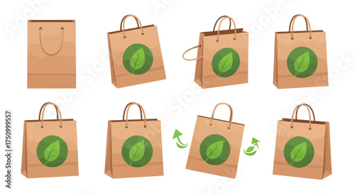 Collection of Recycled Paper Shopping Bags with Green Leaf Logo.