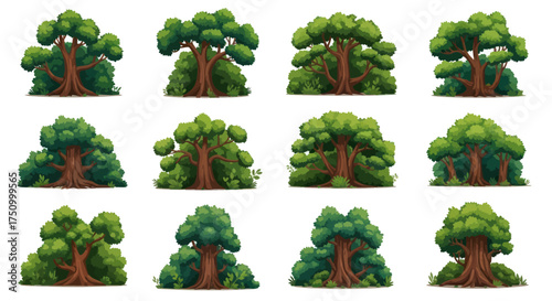 Collection of Stylized Cartoon Trees with Green Foliage and Brown Trunks.