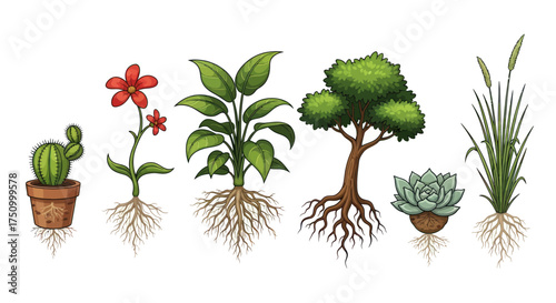 Collection of Hand-Drawn Botanical Plants with Visible Roots.