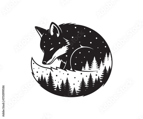 Black silhouette of a curled fox with a winter forest scene inside its body and falling snow sleeping