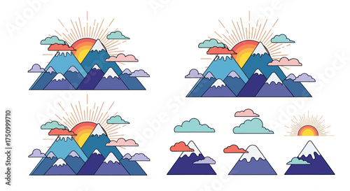 Mountain Range with Rising Sun and Clouds Geometric Style Illustration.