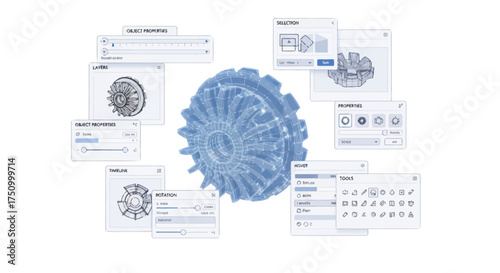 3D Blue Spiky Object with Data Analysis Interface Windows.