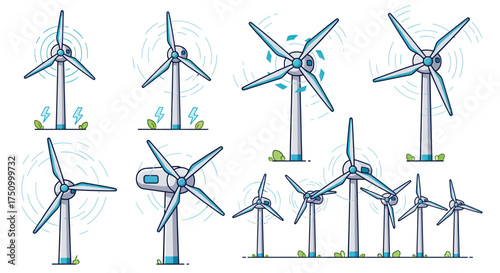 Collection of Illustrated Wind Turbines Generating Clean Energy.