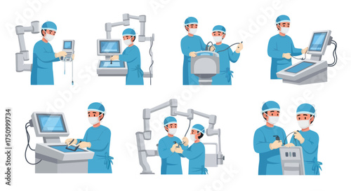 Surgeons in Operating Room with Medical Equipment and Robotic Arms.