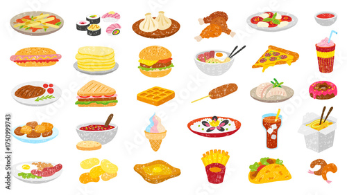 Hand drawn food. Crayon drawing meals, street home delicious eat. Chalk style icons pizza seafood rice dumplings pancakes eggs, neoteric vector set