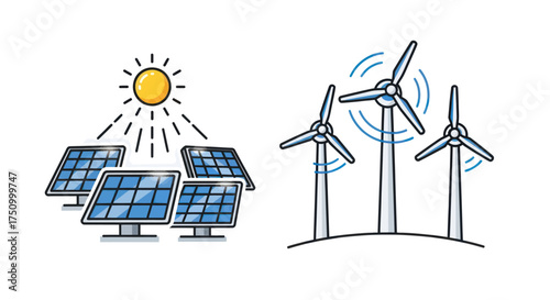 Illustration of Solar Panels and Wind Turbines Generating Energy.