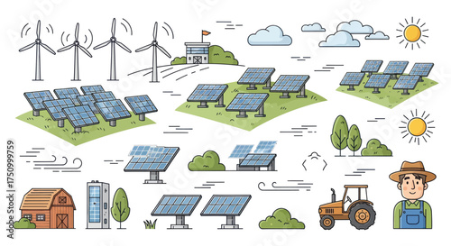 Diverse renewable energy sources and agricultural elements depicted in a colorful illustration.