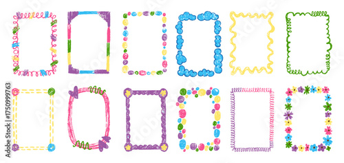 Crayon drawn children frames. Abstract chalk drawing vibrant empty frame. Doodle kids photos design with scribbles, hearts, flowers, neoteric vector elements