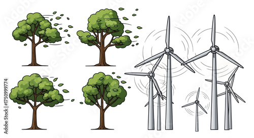 Illustrations of trees blowing in the wind and sketched wind turbines for renewable energy concepts.