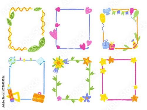 Pastel drawing frames. Chalk decorative frame, empty banners with hearts, flowers, school elements, birthday party. Hand drawn neoteric vector set