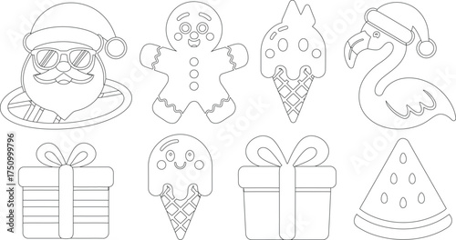 Outlined Christmas and Summer Icons Santa, Gingerbread Man, Flamingo, Presents, Ice Cream, Watermelon Slice