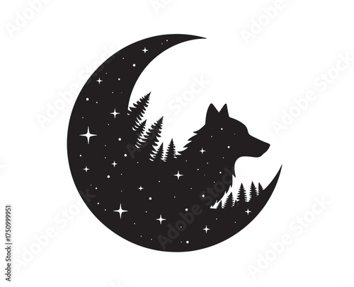 Black silhouette of a wolf howling at a crescent moon filled with stars and pine trees night