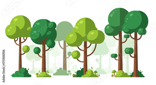 Cartoon Forest Trees with Lush Green Foliage and Brown Trunks.