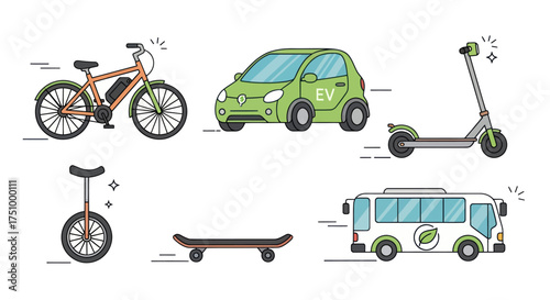 A colorful hand-drawn illustration set of various eco-friendly transportation methods.