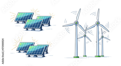 Renewable energy sources: solar panels and wind turbines illustration.