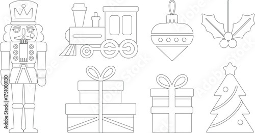 Outlined Christmas Coloring Page Nutcracker, Train, Ornament, Holly, Gift Boxes, and Decorated Christmas Tree