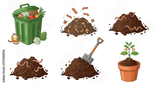 Composting Process Illustration: Green Bin Worms Soil Shovel and Plant.