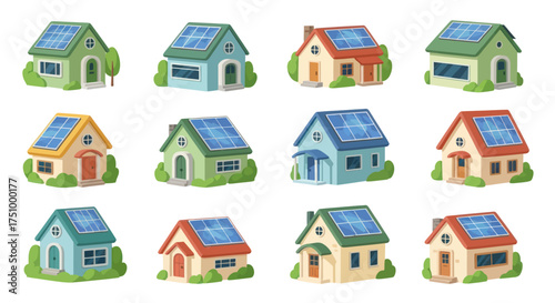 Collection of Cartoon Houses with Solar Panels on Roofs Eco-Friendly Home Designs.