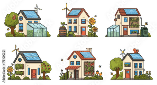 Cartoon Eco-Friendly Houses with Solar Panels and Wind Turbines.