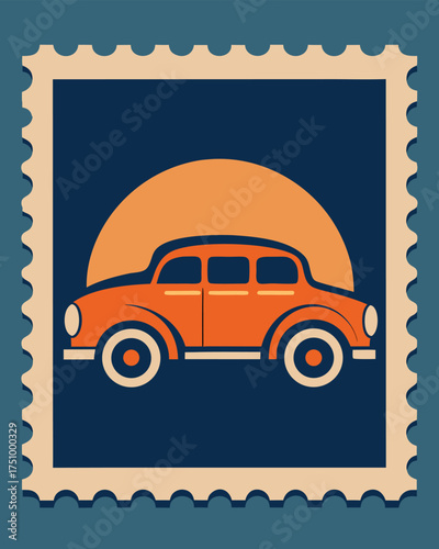 Vintage car on a stamp with a sun background, a nostalgic and artistic representation