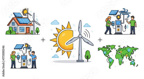 Illustrated Wind Turbine and Sun Symbolizing Renewable Energy.