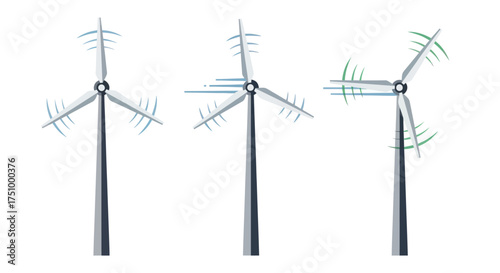 Three modern wind turbines with rotating blades isolated on white background.