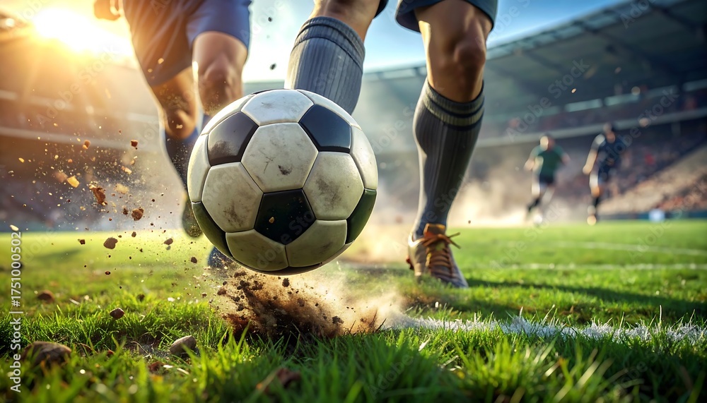 Fototapeta premium Soccer ball kicked on a grassy field during a match.