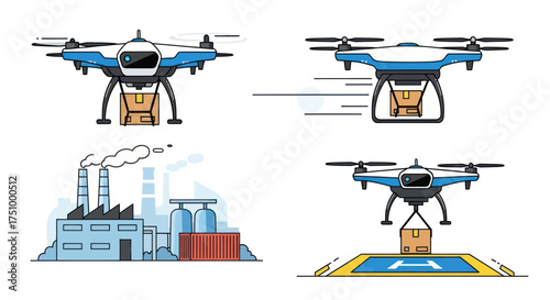 Illustrated stages of autonomous drone delivery showing a quadcopter package factory and landing pad.