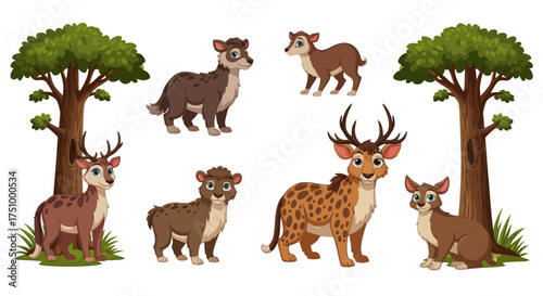 Diverse group of cartoon deer and trees in a natural setting.