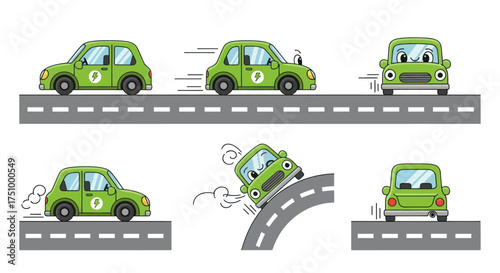 Adorable Green Cartoon Car in Various Driving Scenarios.