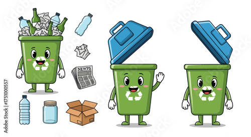 Cute Green Cartoon Recycling Bins with Recyclable Waste Items and Open Lids.