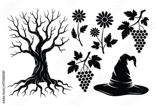 Vector illustration set silhouettes spooky halloween tree grapes witch hat flowers decorative elements scalable eps silhouette vector illustration white background