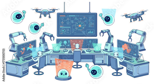 Futuristic Robotics and AI Control Room with Drones Robotic Arms and Monitors.