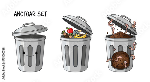 Cartoon Trash Cans with Food Waste and Worms Set.