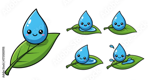 Adorable Cartoon Water Droplets with Happy Faces on Green Leaves.