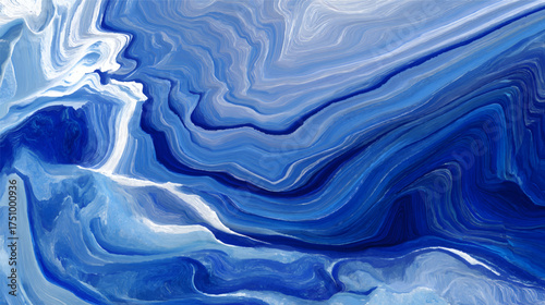 Abstract blue and white fluid art with swirling patterns