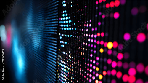 Colorful LED light panel with vibrant dots creating a dynamic pattern. Neon light background