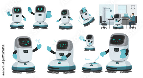 Collection of friendly modern service robots in various poses and settings.