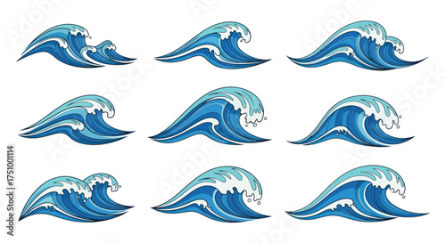 Cartoon Ocean Waves Set with Foamy Crests and Blue Water.