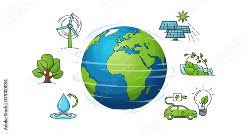Earth with Renewable Energy Icons: Sustainable Future Concept.
