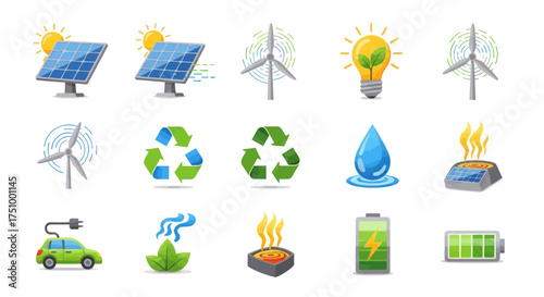 A colorful collection of glossy icons representing renewable energy sustainability and ecology concepts.